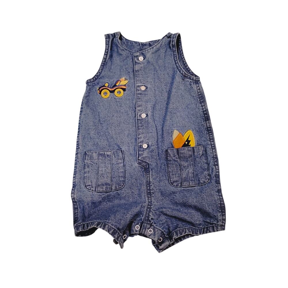 Vtg Baby Toddler 6-12 Months Old Navy Blue Jean Surfer Embroidered Romper 2005